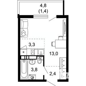 1-к квартира, вторичка, 24м2, 16/17 этаж