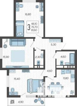 3-к квартира, строящийся дом, 82м2, 4/10 этаж