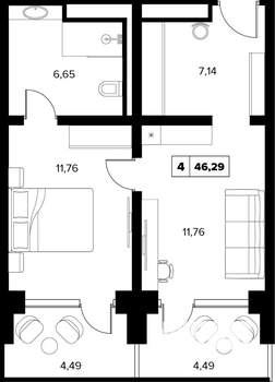2-к квартира, вторичка, 46м2, 11/16 этаж