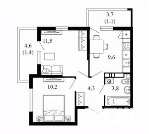 2-к квартира, вторичка, 42м2, 12/17 этаж