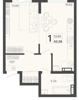 1-к квартира, вторичка, 43м2, 7/20 этаж