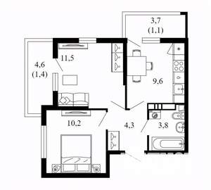 2-к квартира, вторичка, 42м2, 6/17 этаж