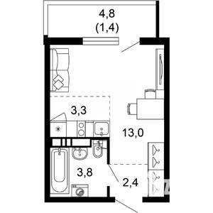 1-к квартира, вторичка, 24м2, 12/17 этаж