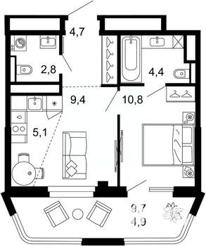 1-к квартира, вторичка, 42м2, 4/6 этаж