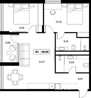 3-к квартира, строящийся дом, 69м2, 8/16 этаж