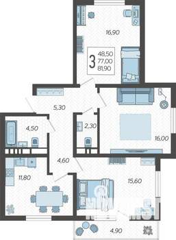 3-к квартира, строящийся дом, 82м2, 9/10 этаж