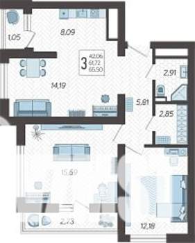 3-к квартира, строящийся дом, 68м2, 16/19 этаж