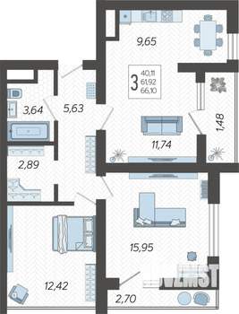 3-к квартира, вторичка, 68м2, 4/19 этаж