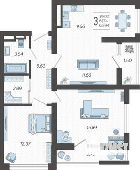 3-к квартира, строящийся дом, 67м2, 3/19 этаж