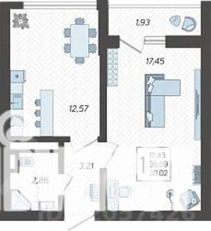 1-к квартира, строящийся дом, 38м2, 17/19 этаж