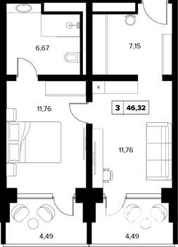 2-к квартира, вторичка, 46м2, 14/16 этаж