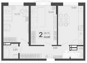 2-к квартира, строящийся дом, 54м2, 2/20 этаж