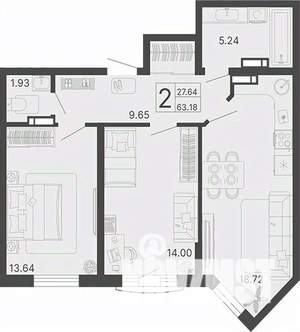 2-к квартира, вторичка, 63м2, 3/20 этаж