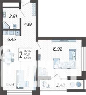 2-к квартира, строящийся дом, 43м2, 8/19 этаж