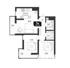3-к квартира, вторичка, 64м2, 17/19 этаж