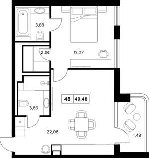 2-к квартира, строящийся дом, 49м2, 2/6 этаж