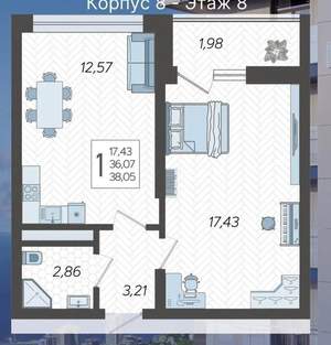 1-к квартира, вторичка, 38м2, 8/19 этаж