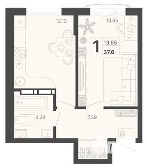 1-к квартира, вторичка, 38м2, 3/20 этаж