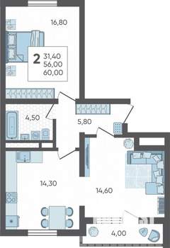 2-к квартира, строящийся дом, 60м2, 3/16 этаж