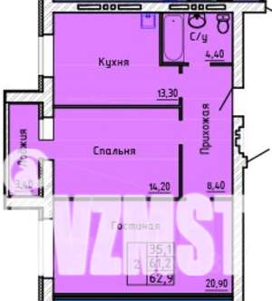 2-к квартира, вторичка, 53м2, 11/14 этаж