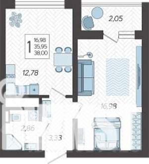 1-к квартира, строящийся дом, 39м2, 17/19 этаж