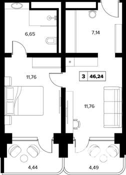 2-к квартира, вторичка, 46м2, 11/16 этаж
