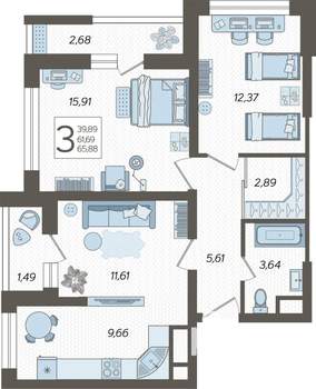 3-к квартира, вторичка, 68м2, 4/19 этаж