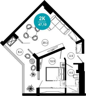2-к квартира, строящийся дом, 47м2, 10/10 этаж