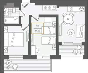 3-к квартира, вторичка, 57м2, 8/10 этаж