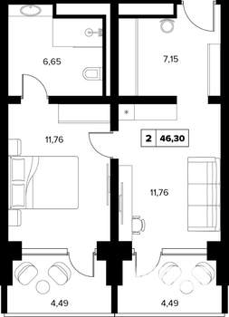 2-к квартира, вторичка, 46м2, 14/16 этаж