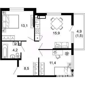 2-к квартира, вторичка, 55м2, 13/17 этаж