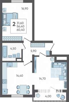 2-к квартира, строящийся дом, 60м2, 9/16 этаж