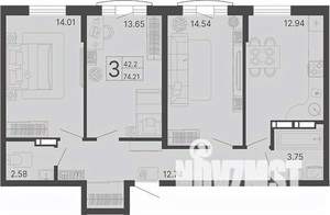 2-к квартира, вторичка, 74м2, 13/20 этаж
