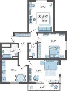 3-к квартира, строящийся дом, 81м2, 8/16 этаж