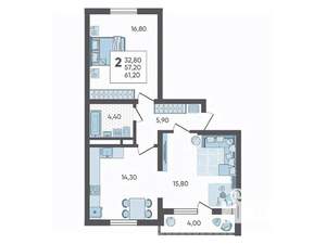 2-к квартира, вторичка, 61м2, 2/10 этаж