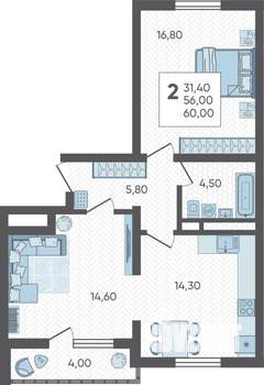2-к квартира, строящийся дом, 60м2, 5/16 этаж
