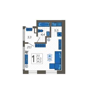 Студия квартира, вторичка, 38м2, 1/12 этаж