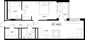 2-к квартира, строящийся дом, 62м2, 2/16 этаж