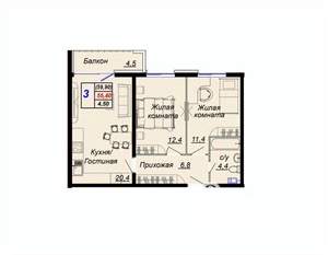 2-к квартира, вторичка, 59м2, 5/15 этаж