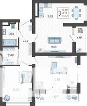 3-к квартира, строящийся дом, 66м2, 6/19 этаж