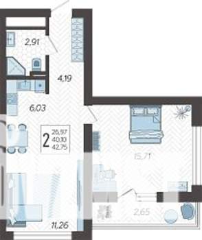 2-к квартира, строящийся дом, 44м2, 12/19 этаж