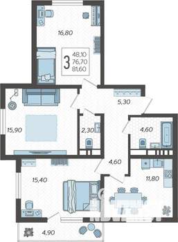 3-к квартира, строящийся дом, 82м2, 3/10 этаж