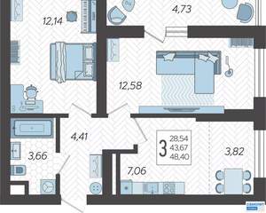 2-к квартира, вторичка, 48м2, 15/19 этаж