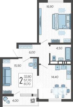2-к квартира, строящийся дом, 62м2, 6/10 этаж