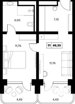 2-к квартира, вторичка, 46м2, 11/16 этаж