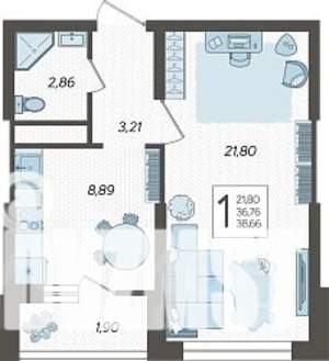 1-к квартира, строящийся дом, 39м2, 6/19 этаж