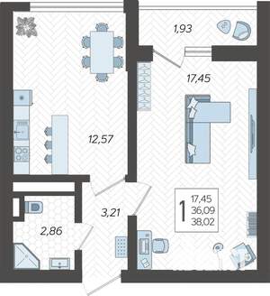 1-к квартира, вторичка, 39м2, 17/19 этаж