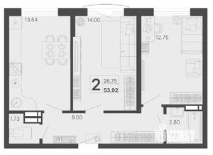 2-к квартира, строящийся дом, 54м2, 2/20 этаж