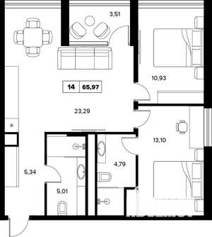 3-к квартира, строящийся дом, 66м2, 8/16 этаж