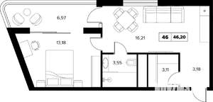 2-к квартира, вторичка, 46м2, 6/16 этаж